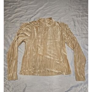 Skies Are Blue Gold/Tan Velour Look LS Shirt Key Hole Back Womens Small Holiday